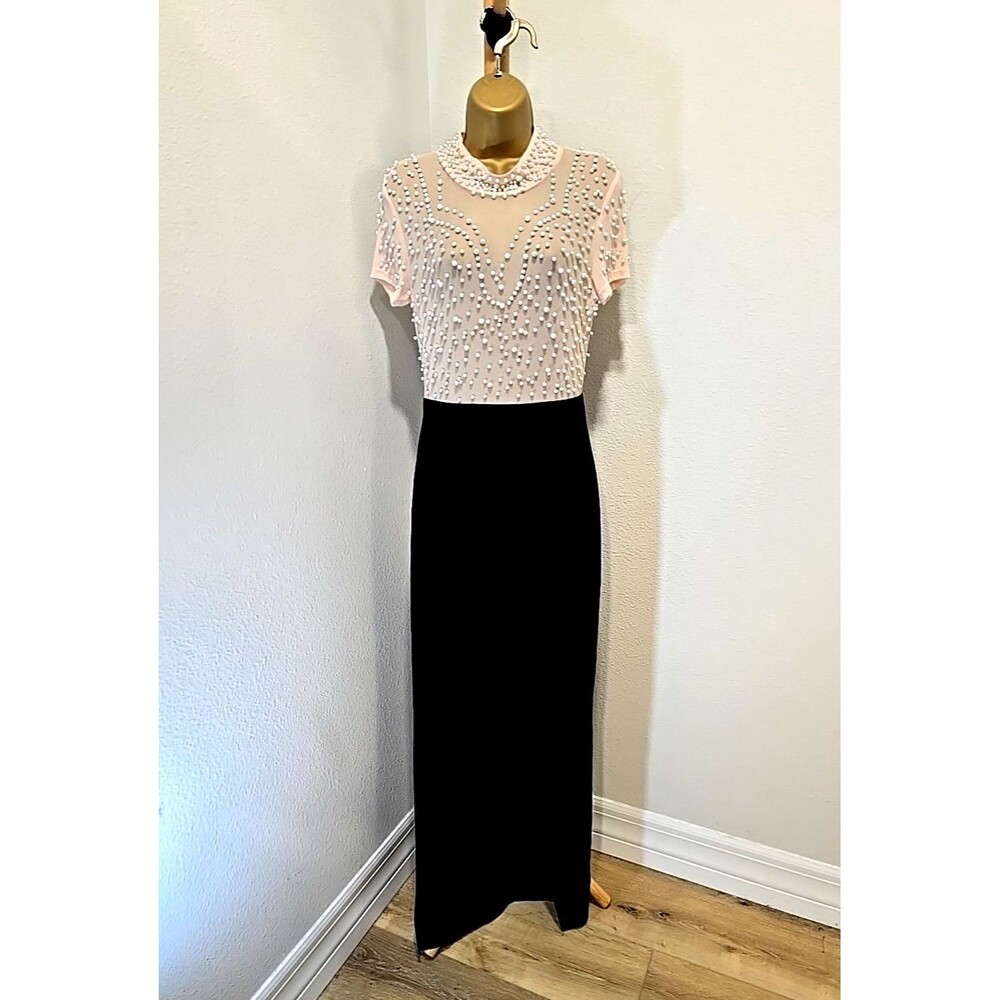 Illusion Pearl Black Maxi Cocktail Dress Small Sheer Nude Beaded Slit Statement